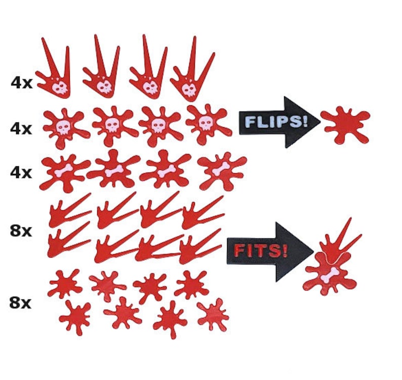 May include: Red plastic game pieces with skull and bone designs. The image shows multiple sets of pieces, with arrows indicating how they combine. Text on the image reads "FLIPS!" and "FITS!"
