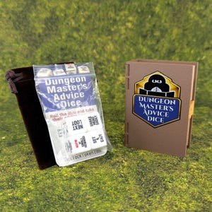 May include: A brown velvet dice bag, a clear plastic bag of dice, and a brown book-shaped box. The dice bag and box are next to each other. The plastic bag contains dice with phrases like "LOOT NEXT" and "SHAKE HEAD SADLY". The box reads "DUNGEON MASTER'S ADVICE DICE".