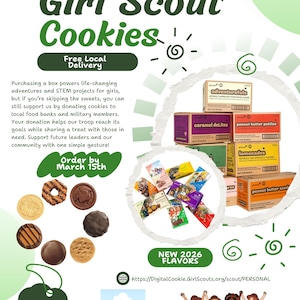 Peut inclure: Publicité pour les Girl Scout Cookies avec des boîtes et des biscuits individuels. Le texte comprend : "Girl Scout Cookies", "Livraison locale gratuite", "Commander avant le 15 mars" et "Nouveaux arômes 2026". Le prix est de 6 $.