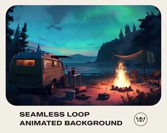 Animated Background for Streaming | Summer Camping Campfire by the Beach | Instant Digital Download Seamless Loop Video | Vtuber Twitch