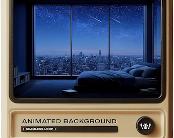 Fondo animado de habitación acogedora con vista a la ciudad por la noche estrellada / Estrellas al anochecer