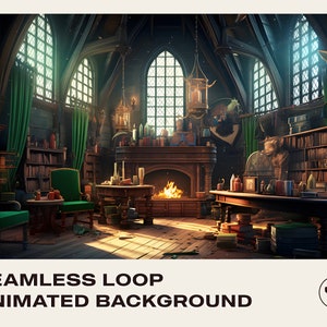 Wizard&#39;s Library Old English Style Room BG | Animated Background for Streaming | Instant Download Video Seamless Loop | Vtuber Twitch