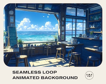 Fond d'écran animé Seaside Beach Cafe pour le streaming | Vidéo en boucle transparente à téléchargement numérique instantané | Vtuber Twitch