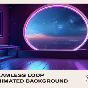 May include: A 3D rendered image of a room with a large, round window. The window is glowing with a purple neon light and shows a view of a city at night with stars and shooting stars in the sky. The room has a wooden floor and a bench with cushions.