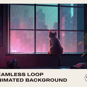 Vtuber Animated Background for Twitch Streaming | Cat by the Window Rainy Night | Instant Digital Download High Quality Seamless Loop Video