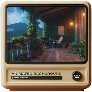 Può includere: Uno schermo retrò beige mostra uno sfondo animato di un balcone con vegetazione lussureggiante, piante in vaso e vista sulle montagne. Il testo "ANIMATED BACKGROUND" e "[SEAMLESS LOOP]" sono visibili. Un pulsante nero con un logo bianco è in basso a destra.
