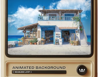 Fond d'écran animé Sunny Seaside Beach Store avec vue sur l'océan pour le streaming | Vidéo en boucle transparente à téléchargement numérique instantané | VTuber Twitch OBS