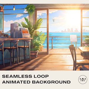 Seaside Beach Cafe Animowane tło do przesyłania strumieniowego | Natychmiastowe pobieranie cyfrowe Płynna pętla wideo | Vtuber Twitch