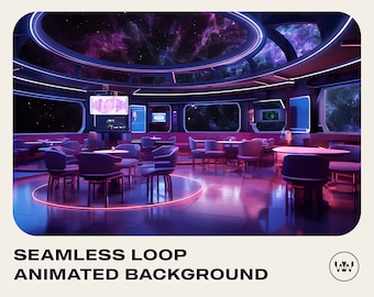 May include: A futuristic cafe interior with a neon pink and blue color scheme. The cafe has a circular layout with tables and chairs, and large windows that look out onto a starry sky. The ceiling is also decorated with stars.