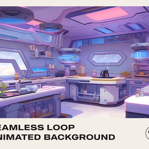 May include: A futuristic kitchen interior with white cabinets, a stainless steel sink, and a yellow countertop. There are two fish tanks with blue lights, a coffee maker, and a kettle. The kitchen has large windows with a view of a cloudy sky.