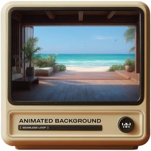 May include: A retro-style screen displays an animated beach scene. The screen is beige with a black border, and the scene shows a wooden deck overlooking a sandy beach and turquoise ocean. Text on the screen reads "ANIMATED BACKGROUND" and "[SEAMLESS LOOP]."