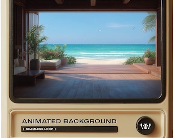 Ambiance estivale relaxante, vue mer, espace de vie, arrière-plan animé pour Twitch, streaming vidéo Vtuber, boucle parfaite, littoral tropical