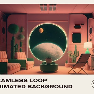 Könnte beinhalten: Ein retro-futuristisches Wohnzimmer mit einem großen runden Fenster mit Blick auf einen Planeten und einen Mond. Der Raum ist mit Pflanzen, einem Sofa, einem Stuhl und einem Tisch eingerichtet. Die Wände sind in einem zarten Rosa gehalten.