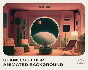 Op de afbeelding: Een retro-futuristische woonkamer met een groot rond raam met uitzicht op een planeet en een maan. De kamer is ingericht met planten, een bank, een stoel en een tafel. De muren zijn zacht roze.