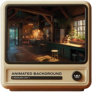 May include: An animated background displayed on a retro-style screen. The scene depicts a cozy kitchen with wooden beams, green cabinets, and a window with plants. Text on the screen reads "ANIMATED BACKGROUND" and "[SEAMLESS LOOP]."