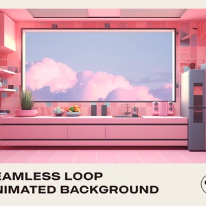 Può includere: Una cucina rosa con una finestra che si affaccia su un cielo nuvoloso. La cucina ha un piano di lavoro rosa, un lavello in acciaio inossidabile e un frigorifero nero. Ci sono piante sugli scaffali e frutta sul bancone.