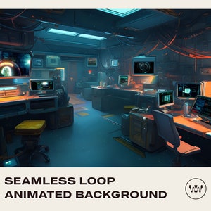 May include: A futuristic, dimly lit room with multiple computer monitors displaying data and graphics. The room has a blue and orange color scheme with a yellow stool in the foreground.