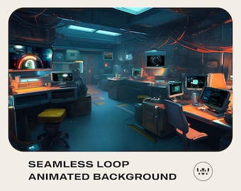 May include: A futuristic, dimly lit room with multiple computer monitors displaying data and graphics. The room has a blue and orange color scheme with a yellow stool in the foreground.