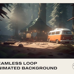 May include: A digital illustration of a campsite in a forest with a vintage camper van parked in front of a green tent. The scene is lit by the warm glow of string lights and the sun shining through the trees.