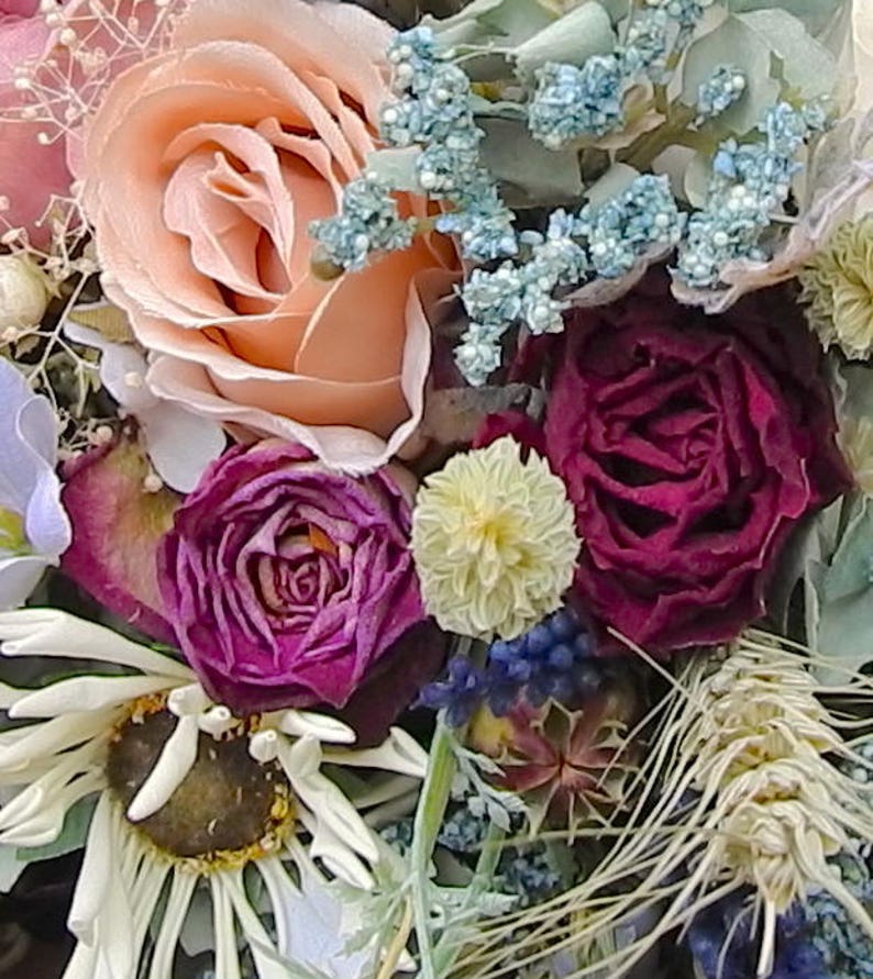 dried grasses and herbs Boho bouquet Peach peony roses Beautiful Maia Wedding Bouquet rustic flowers country style lavender daisies