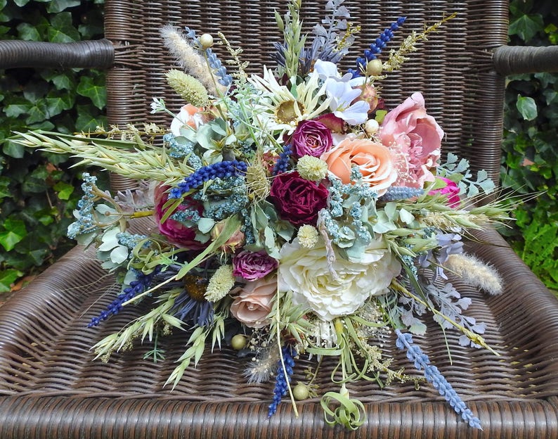 dried grasses and herbs Boho bouquet Peach peony roses Beautiful Maia Wedding Bouquet rustic flowers country style lavender daisies