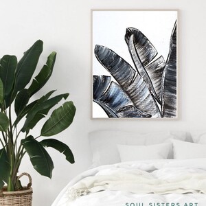 Banana Leaves Painting 20x16 in , Acrylic on Canvas, silver leafe Painting, tropical leaves painting , plants painting,  unique Painting