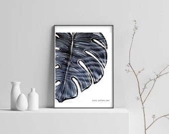 Monstera Leaf Painting, 14x11 in, black & white Leaf, Acrylic Painting on canvas, botanical painting , Silver monstera , Monstera Painting ,