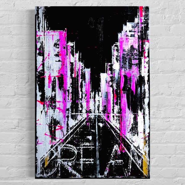 Abstract Cityscape Acrylic Painting on Canvas, New York Painting on Canvas, NYC Cityscape, Black Night, Acrylic Modern Skyline, Home Decor,