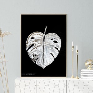 Monstera Leaf Painting, 20 x 16 cali, Silver Leaf, Malarstwo akrylowe na płótnie, malarstwo botaniczne, Silver Monstera, Malarstwo Monstera,