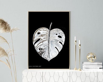 Monstera Leaf Painting, 20x16 in, Silver Leaf, Acrylic Painting on canvas, botanical painting , Silver monstera , Monstera Painting ,