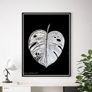 Monstera Leaf Art Print, 20x16 in, Silver Leaf, Botanical painting , Silver monstera , Monstera Painting ,