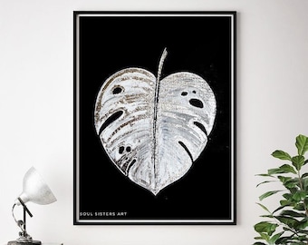 Monstera Leaf Art Print, 20x16 in, Silver Leaf, Botanical painting , Silver monstera , Monstera Painting ,