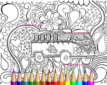 Adult Coloring Page Hippie Retro Peace Colouring