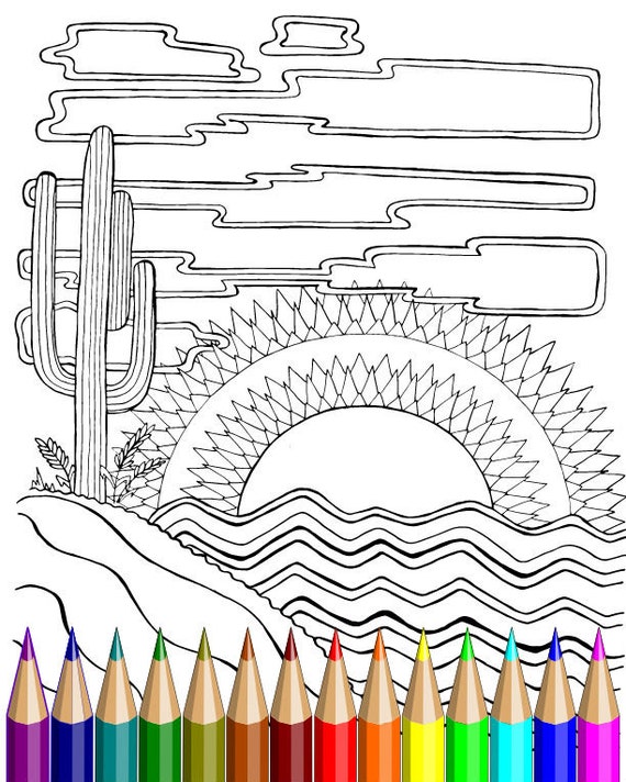 Adult Coloring Page Desert Scene Southwest Cactus Hand | Etsy