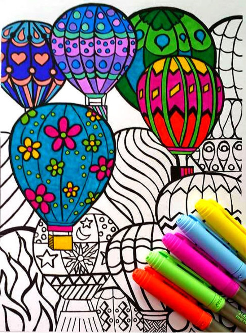 Download Adult Coloring Colouring Hot Air Balloons Hand Drawn | Etsy