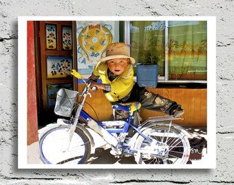 Tibet Photography, Young Boy on a Bicycle, Vibrant Multi-Color, Fine Art Print, Affordable Art, Home Decor