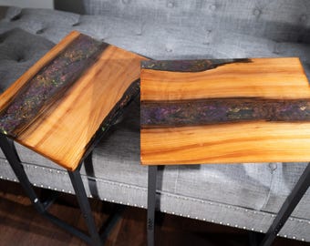 Handcrafted Sinker Cypress C-Table | Modern Epoxy Sofa Side Table