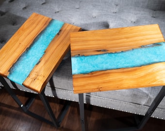 Handcrafted Ice Blue Resin Table – Sinker Cypress Wood Sofa Side Table