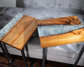 Handmade Sinker Cypress & Resin Side Table | Modern C-Table