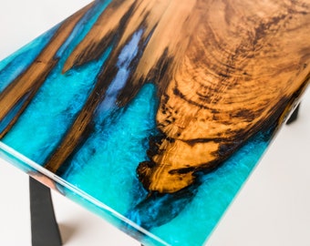 Blue Ocean River style Coffee Table with Sinker Cypress, Blue Resin.