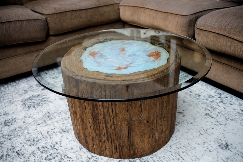 Round Sinker Cypress Coffee Table With Glass And Led Lights Image 0