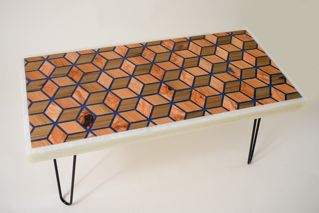 3D Diamond Pattern Coffee Table With Sinker Cypress, Blue Resin and