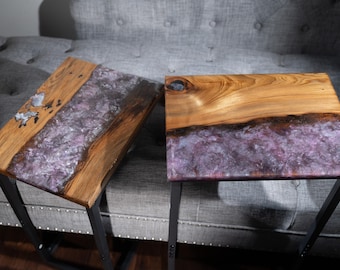 Custom Epoxy and Sinker Cypress C-Table – Space-Saving Side Table, Laptop Desk, or Sofa Table