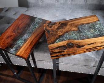 Custom Epoxy and Sinker Cypress C-Table – Space-Saving Side Table, Laptop Desk, or Sofa Table