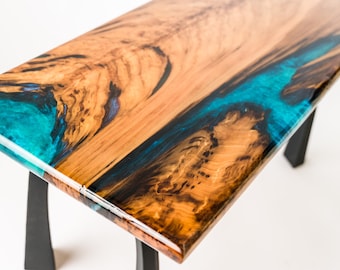 Blue Ocean River style Coffee Table with Sinker Cypress, Blue Resin.