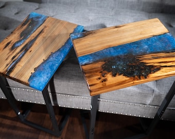 Handcrafted Blue Resin C-Table – Sinker Cypress Sofa Side Table
