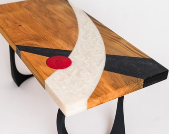 Art Deco Sinker Cypress Coffee Table, Black White Red Accents