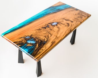Blue Ocean Coffee Table | 40” Sinker Cypress River Table | Tropical Coastal Epoxy Design