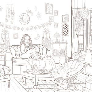 Peut inclure: Dessin au trait d'une scène de salon confortable avec une personne assise sur un canapé, tenant une tasse. La pièce est décorée d'art sur le thème céleste, avec des lunes et des étoiles. Un chat est assis sur un rebord de fenêtre et un service à thé est sur une table basse.