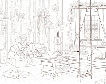 Printable Coloring Page – Girl in Her Cottagecore Living Room – Original Hand-Drawn Illustration Created on Procreate